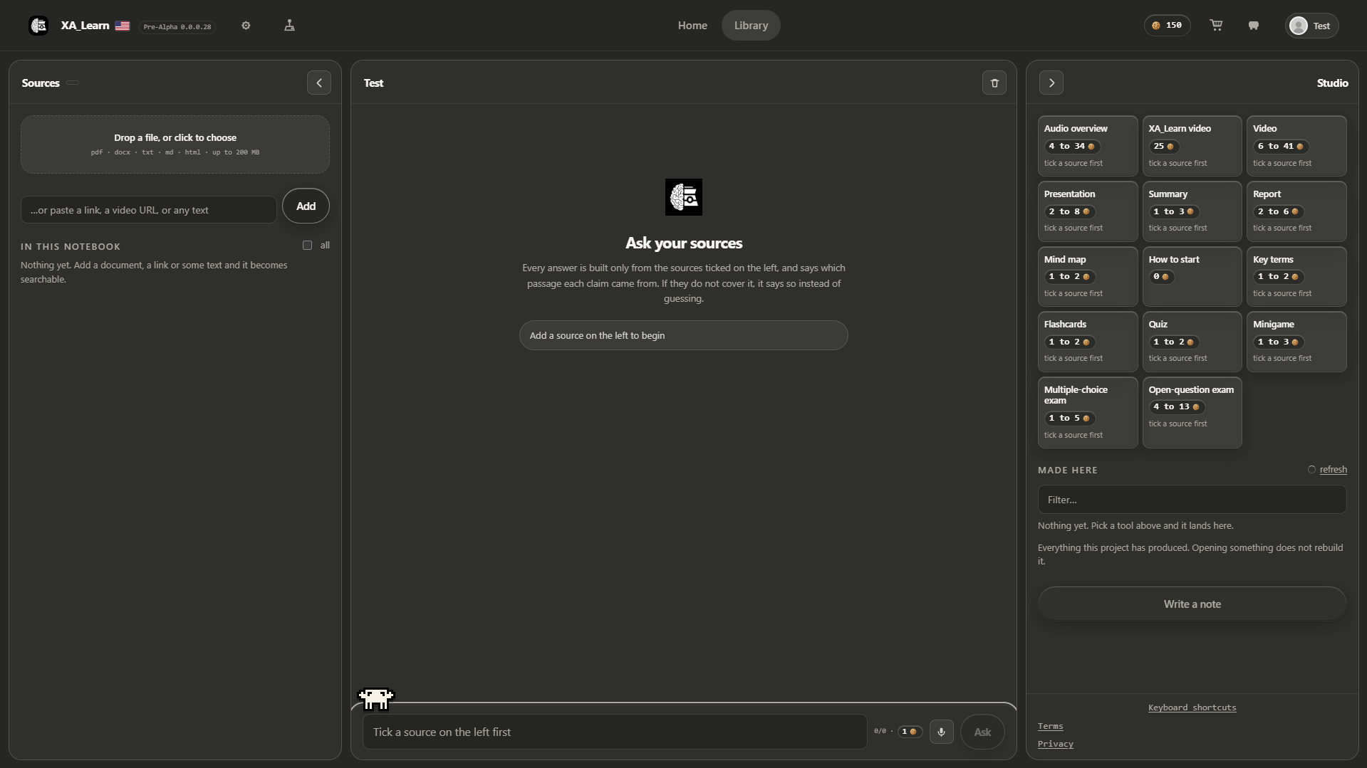 A project notebook with sources on the left, the chat in the middle and the Studio tools on the right