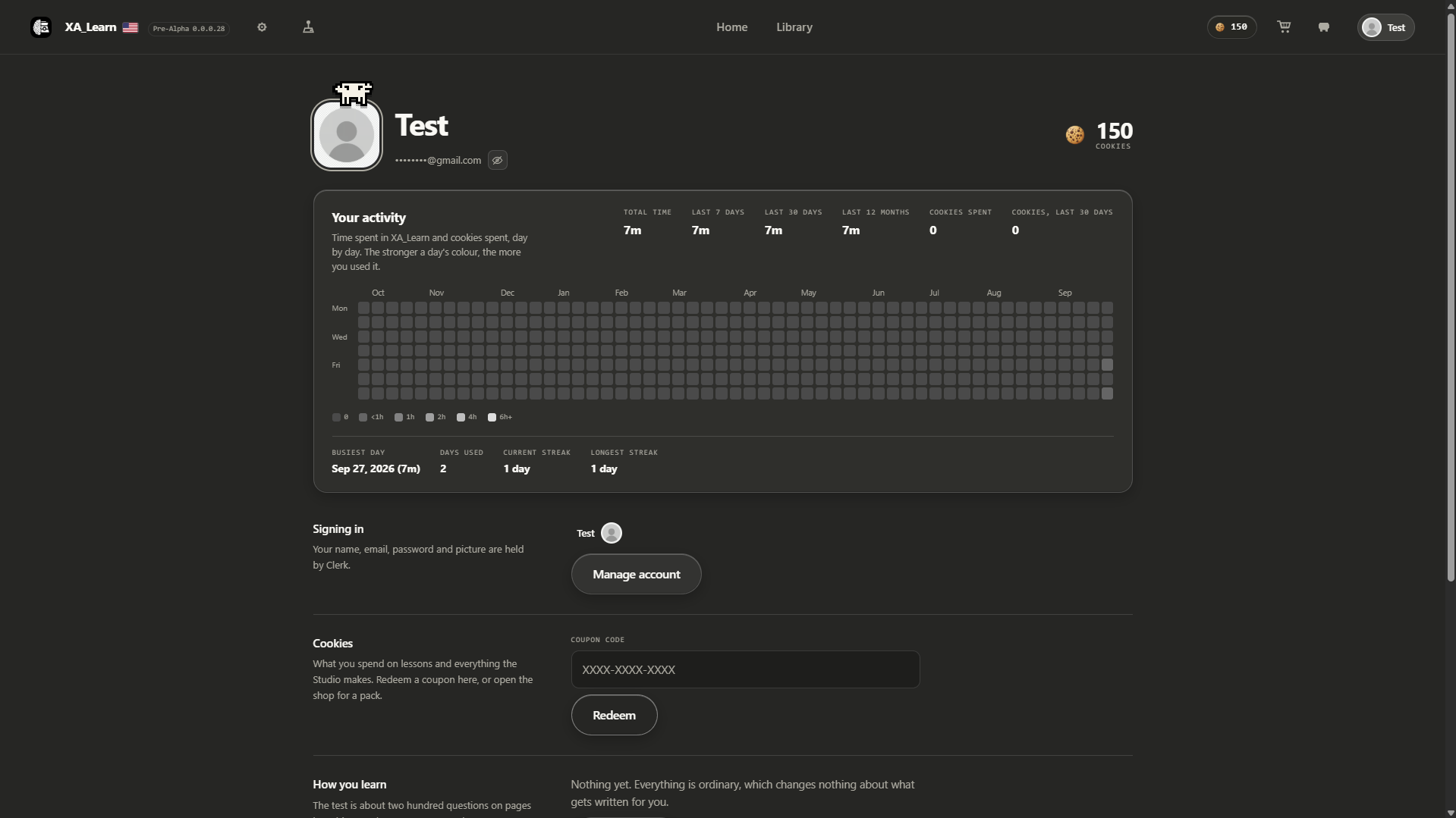 The profile page, with a year of activity, streaks and a coupon field