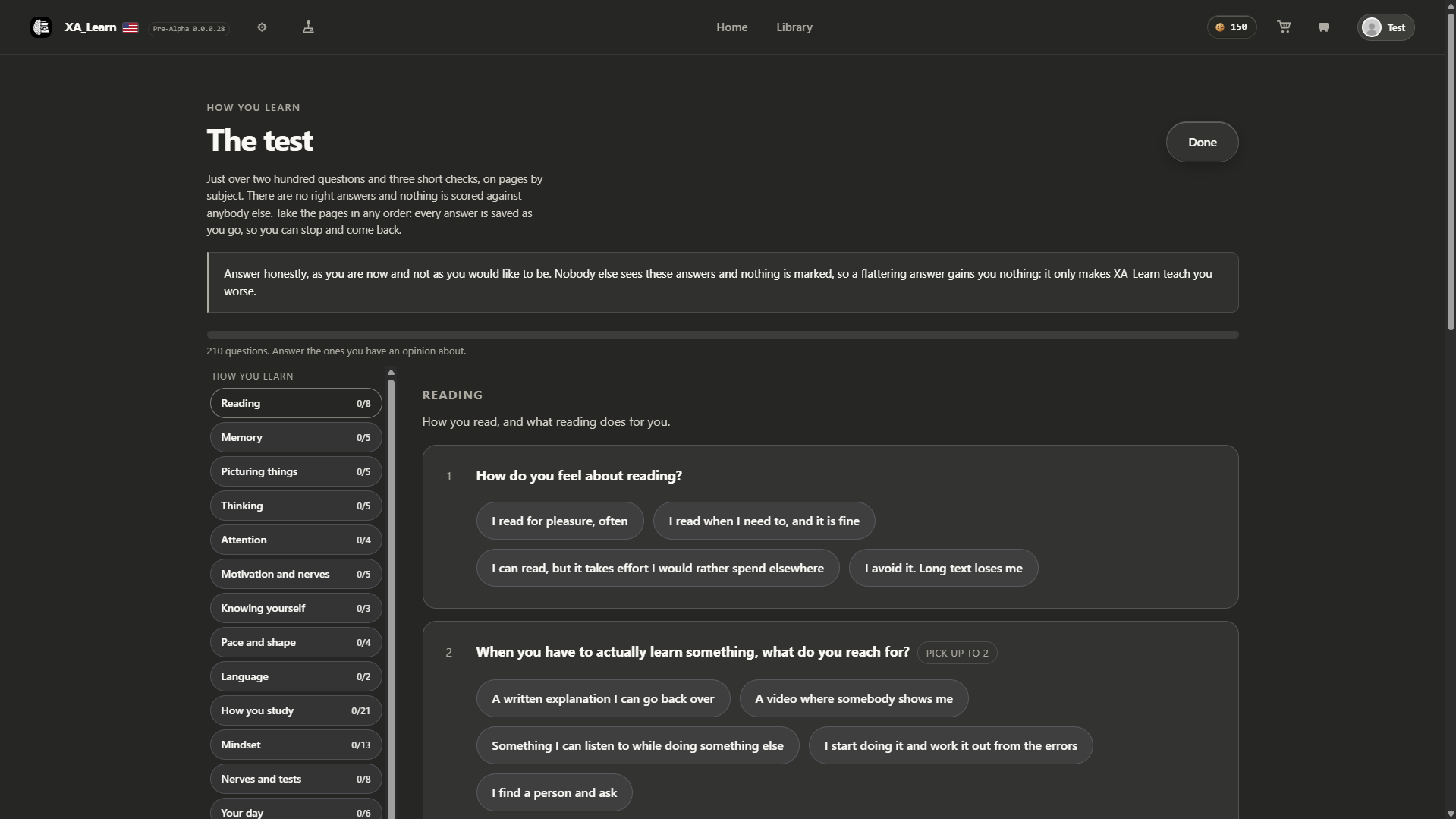 The How you learn questionnaire, with pages by subject and multiple-choice answers
