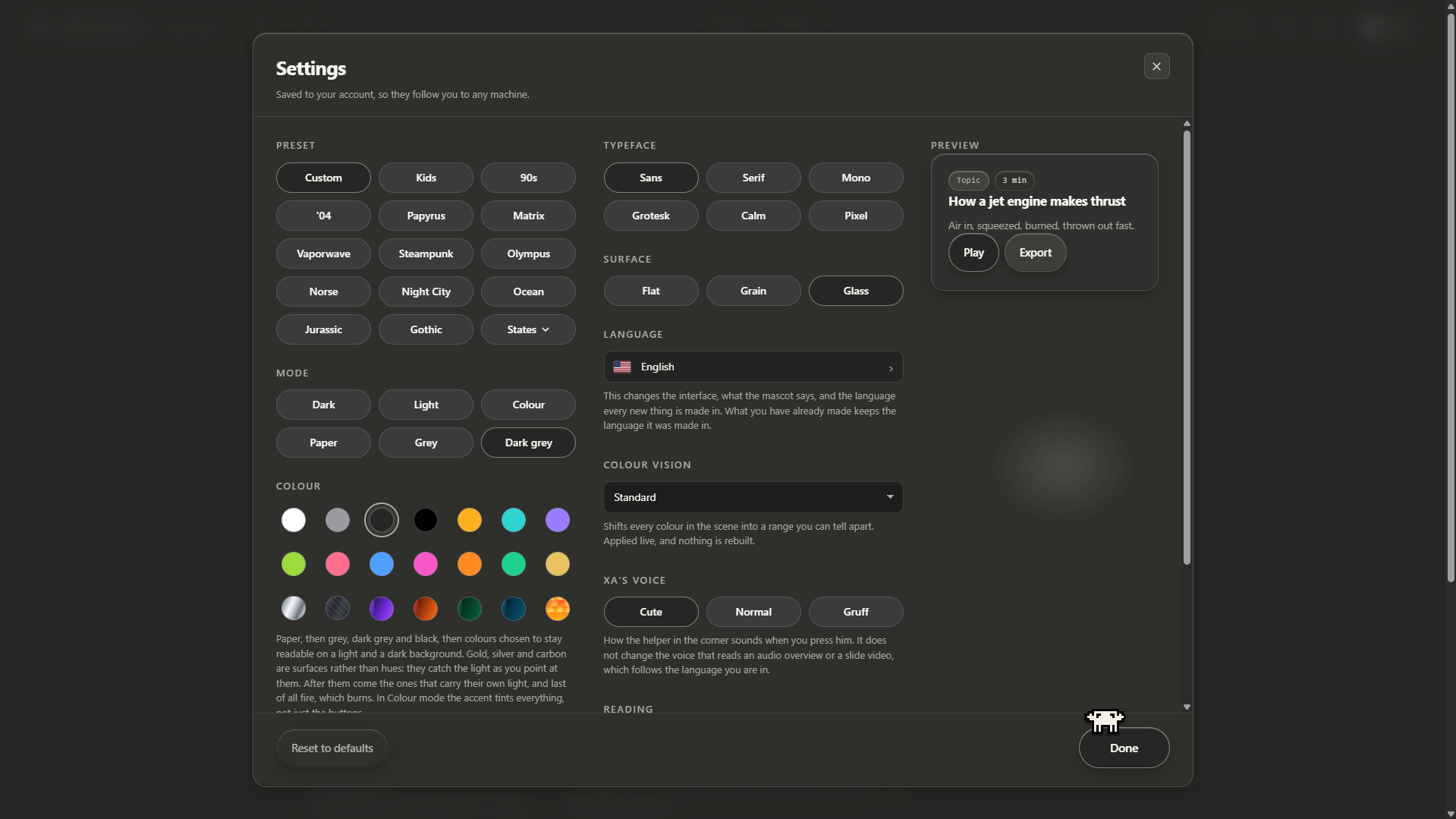 The settings panel with presets, modes, colours, typefaces, surfaces, language, colour vision and voice