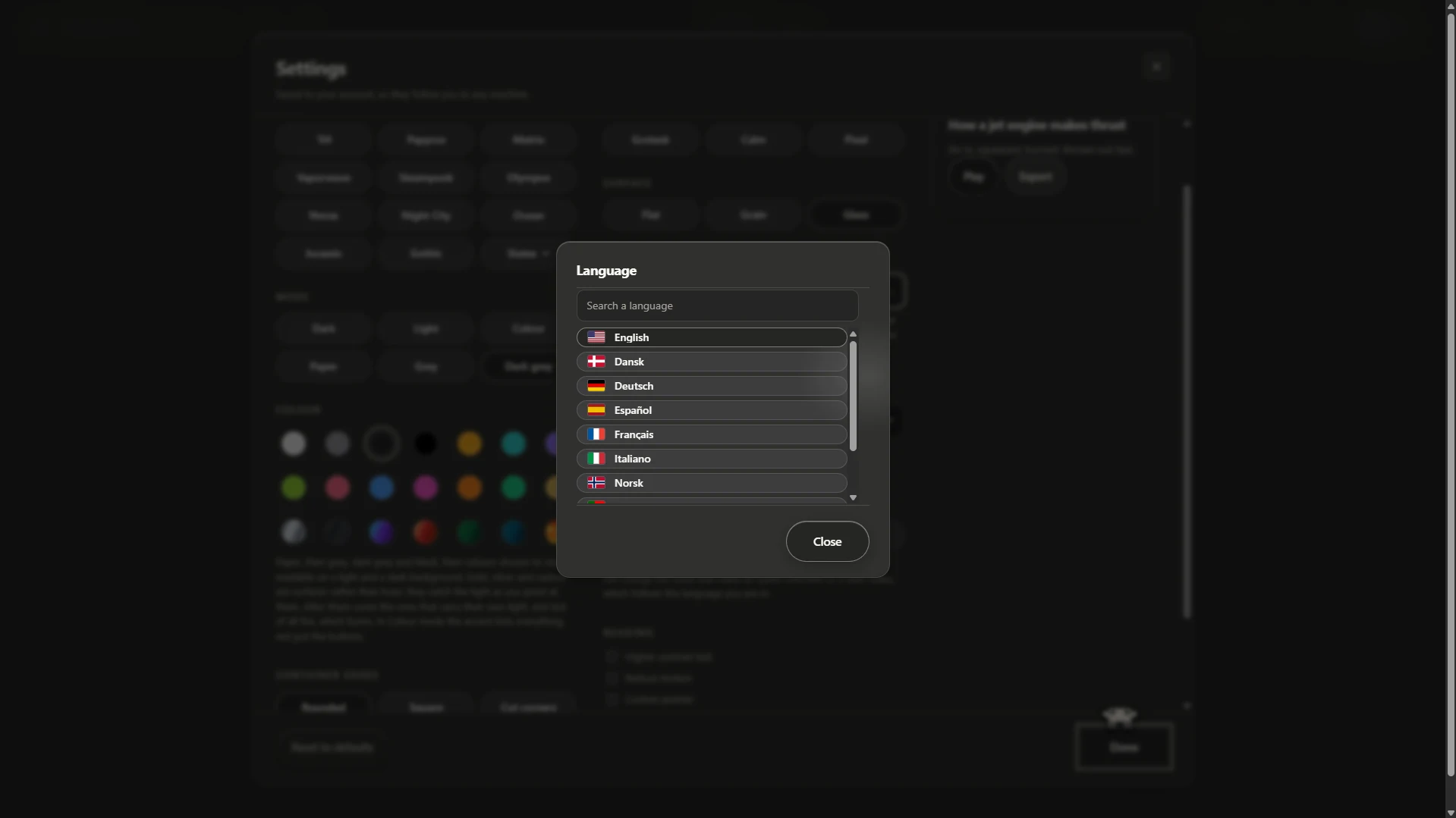 The language picker in XA_Learn settings, from English to Norsk