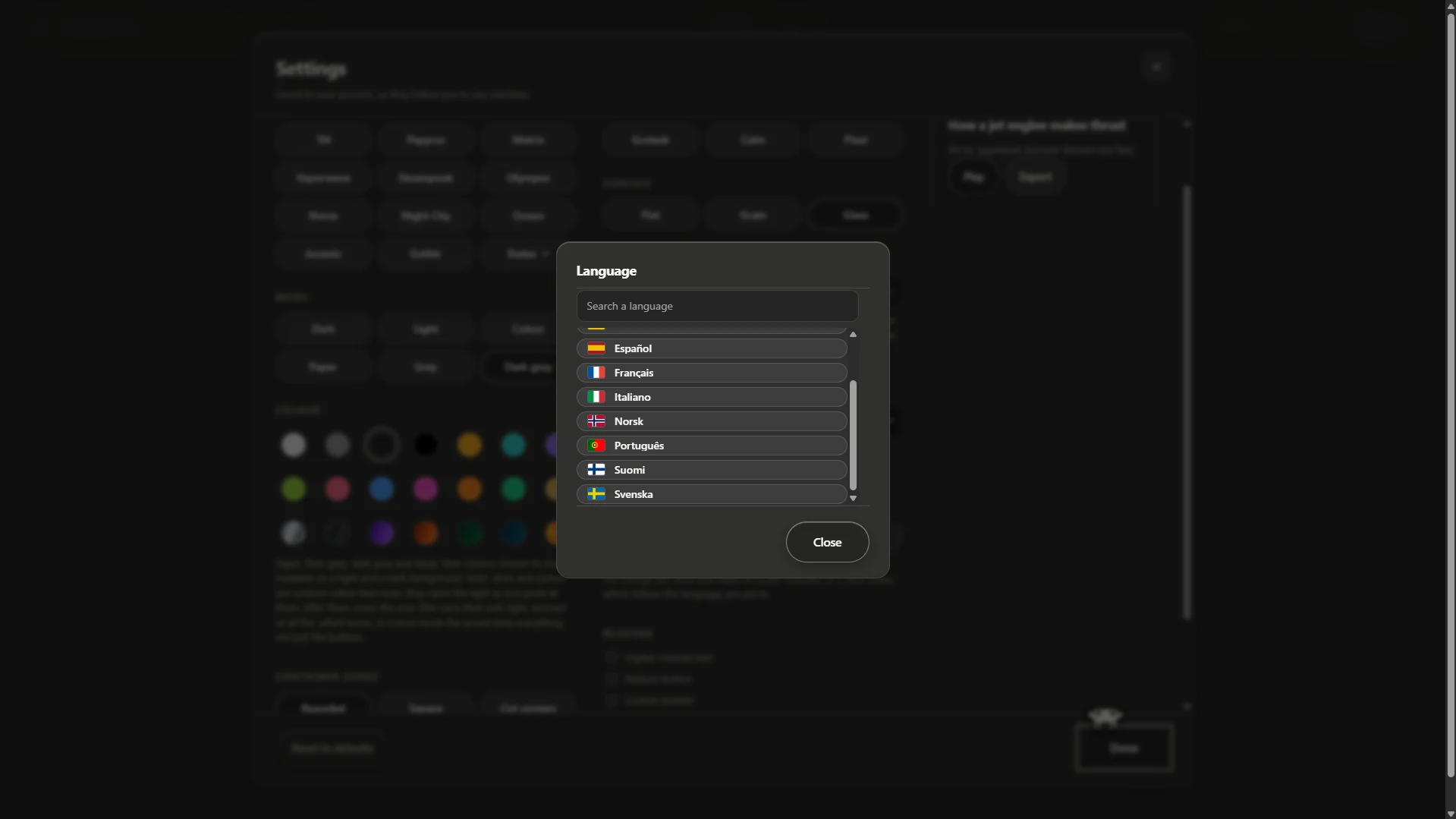 The language picker in XA_Learn settings, from Español to Svenska