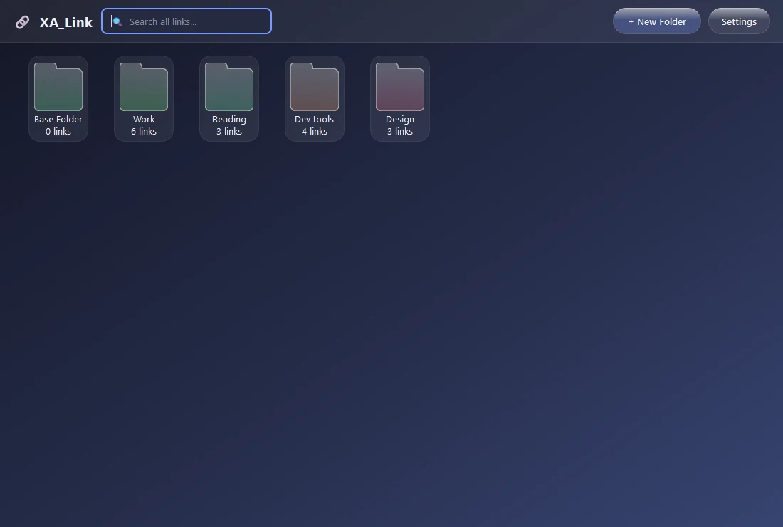 XA_Link desktop showing five link folders on a dark background