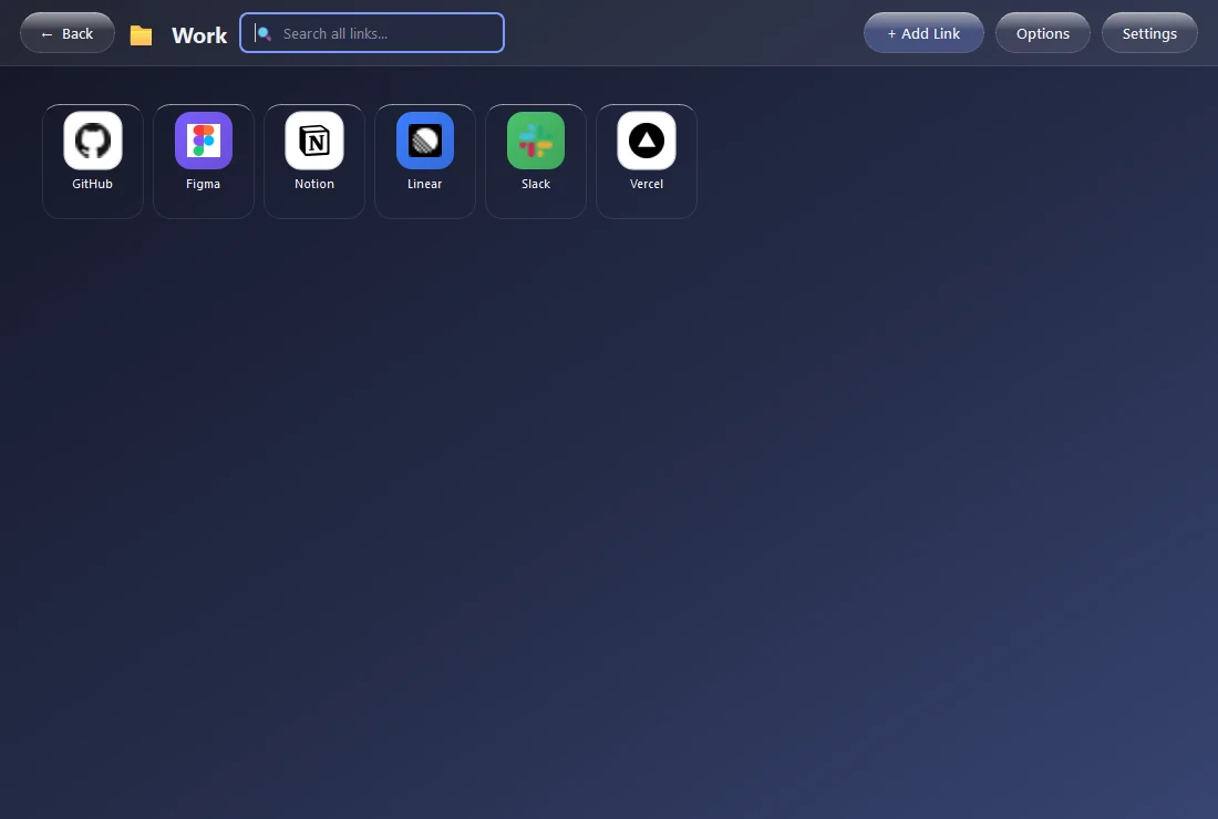 A Work folder in XA_Link containing GitHub, Figma, Notion, Linear, Slack and Vercel